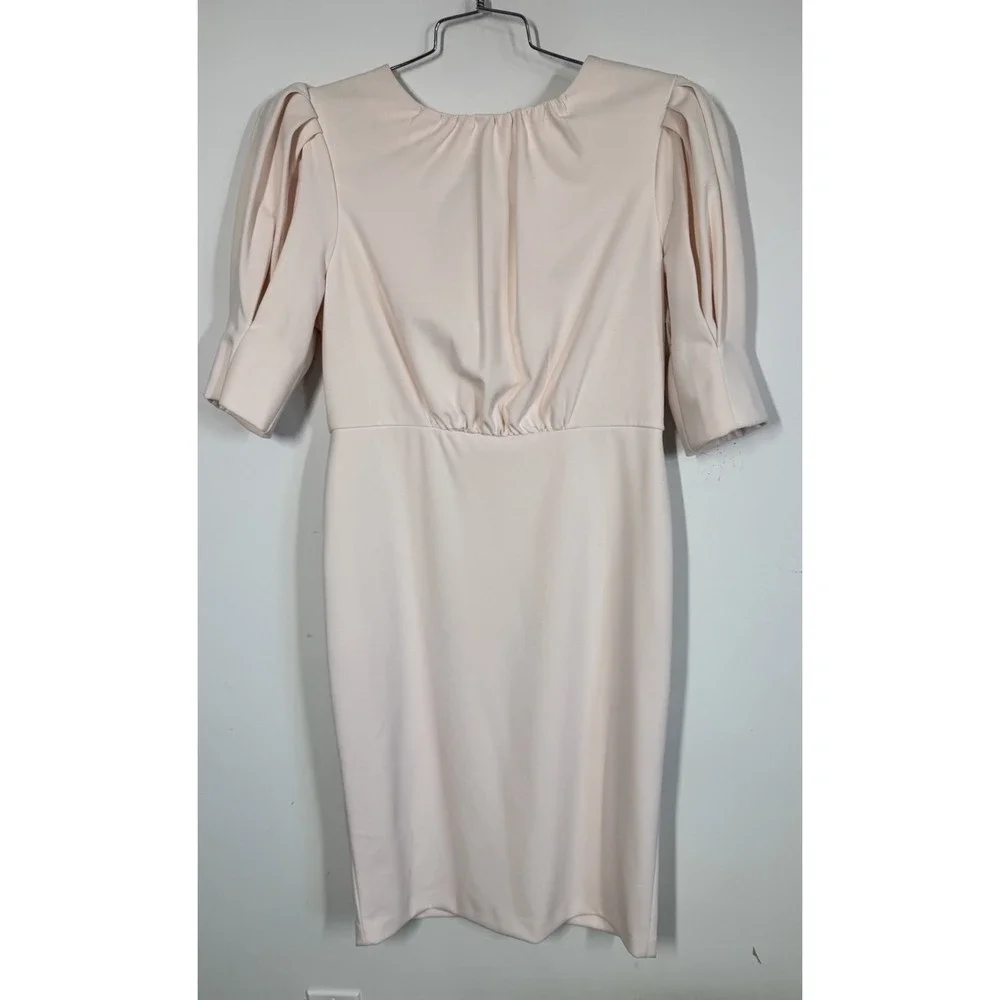 Calvin Klein Blush Pink Puff Sleeve Midi Sheath Dress Open Back Size 12 Wedding‎
